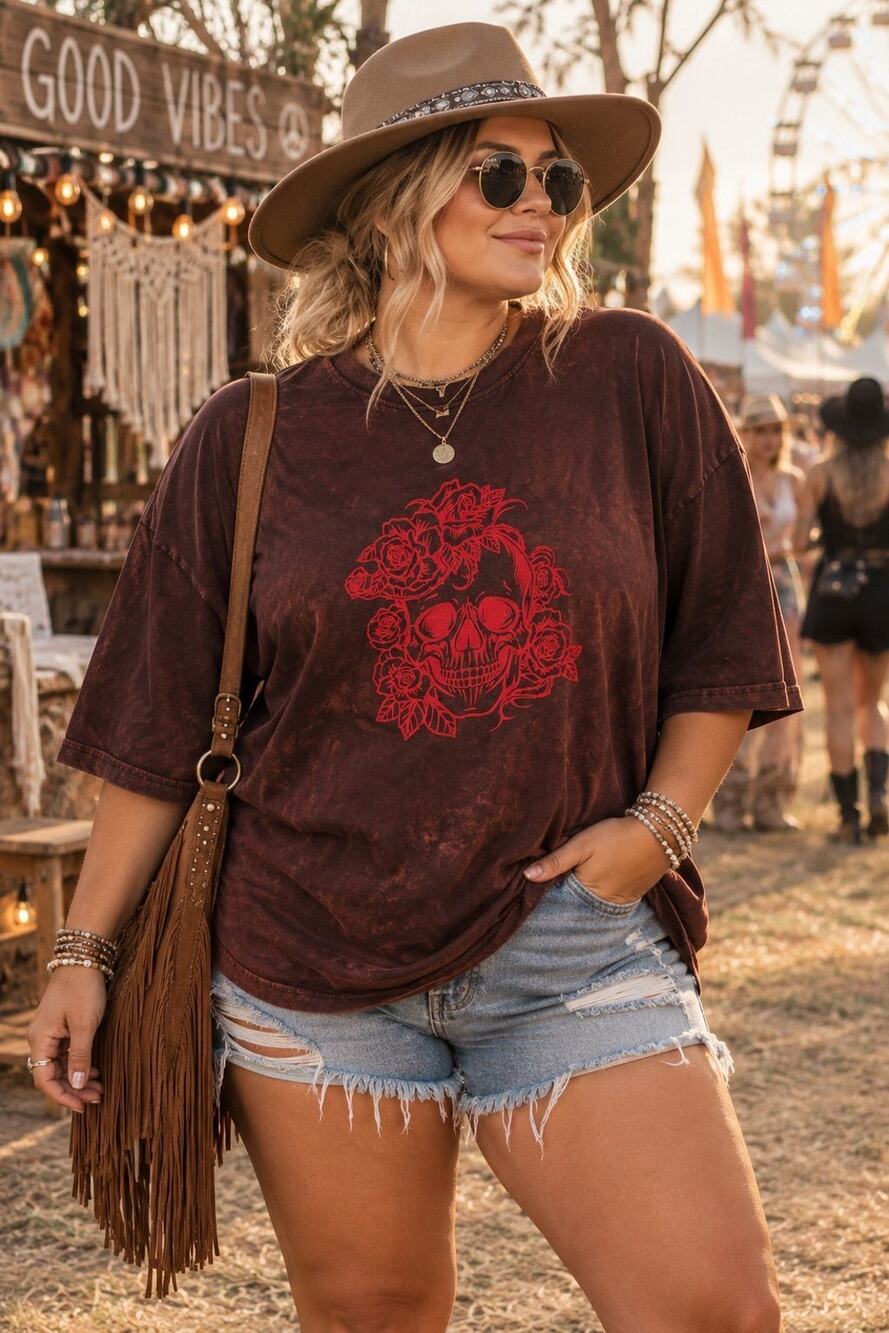 Rhea Boho Skull Acid Wash Tee XL